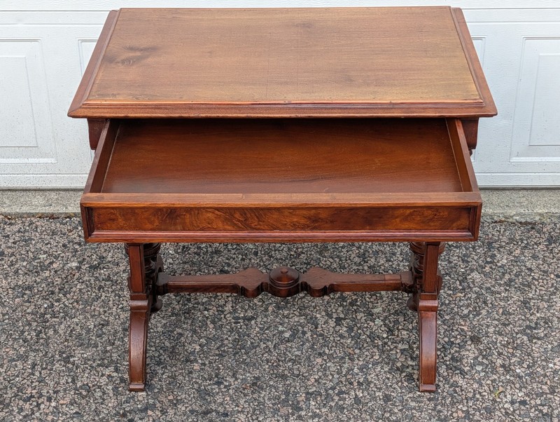 Antique Victorian Hallway Side or Parlor Table with Drawer, Walnut & Burl Trim gallery