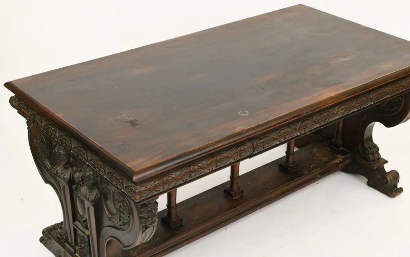 Antique Library Table, American, Figural, Floral Carved, Mahogany, Circa 1900s! gallery
