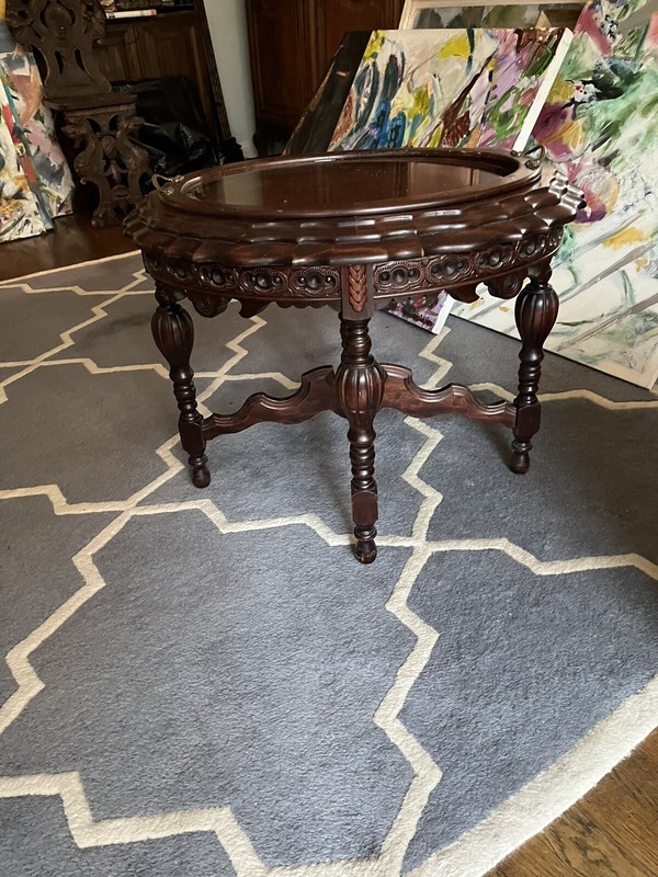 1920 Antique French Louis XV Walnut & satinwood Coffee table with Glass Tray top