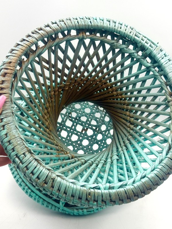 Vtg Turquoise Table Plant Stand Ottoman Stool Cane Rattan Wicker Woven Boho gallery