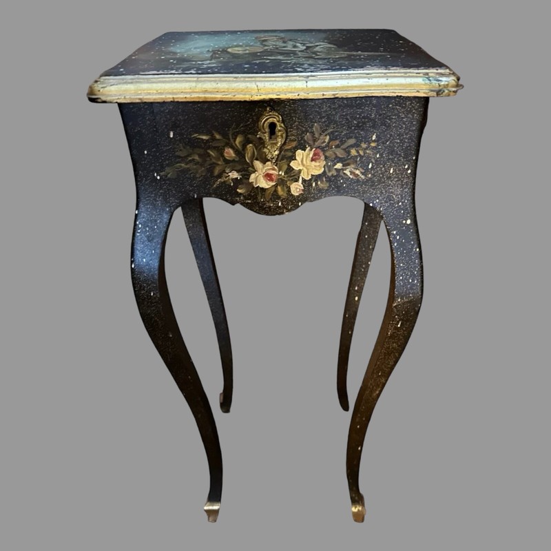 French Style Floral Decorated Lift Top Vitrine Side Table 20th C