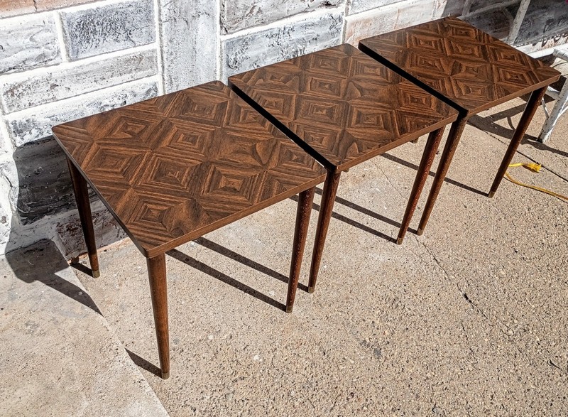3 Vintage Mid Century Inlaid Look Woodgrain Laminate Stacking Nesting End Tables gallery