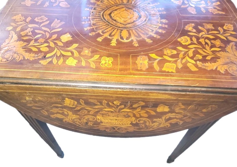 Antique Marquetry Wood Inlaid Floral Dual Drop Leaf Table 29″ Tall Single Drawer