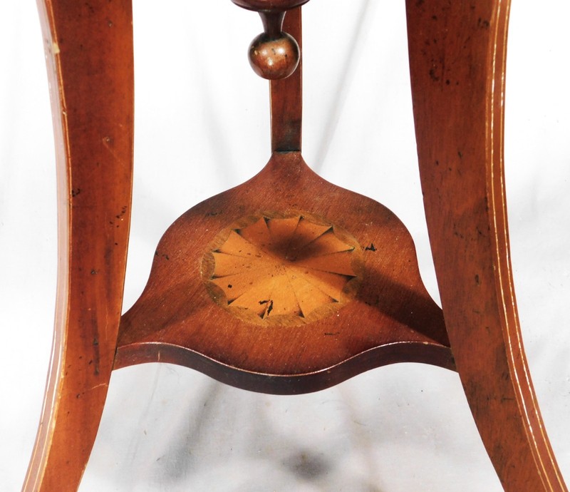 Antique Victorian Mahogany Jardiniere Stand Brass Lion Heads Inlaid tripod c1890 gallery