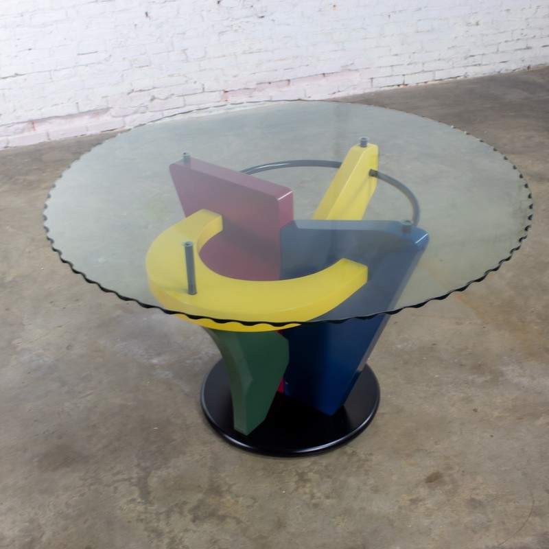 Postmodern Dining Table Geometrical Base Round & Glass Top Style Memphis Group