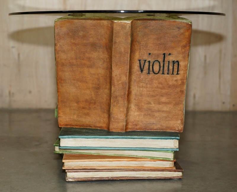 SUPER DECORATIVE MOZART STACKED BOOKS & VIOLIN COFFEE TABLE WITH GLASS OVAL TOP gallery