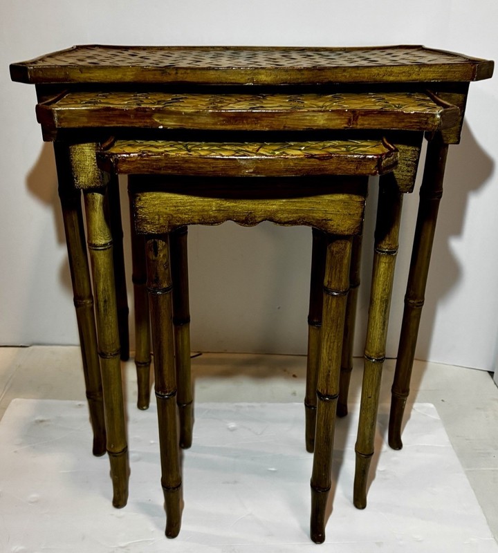 Vintage Boho Chic Faux Bamboo Nesting Tables 3 Pc Handpainted Chinoiserie Style gallery