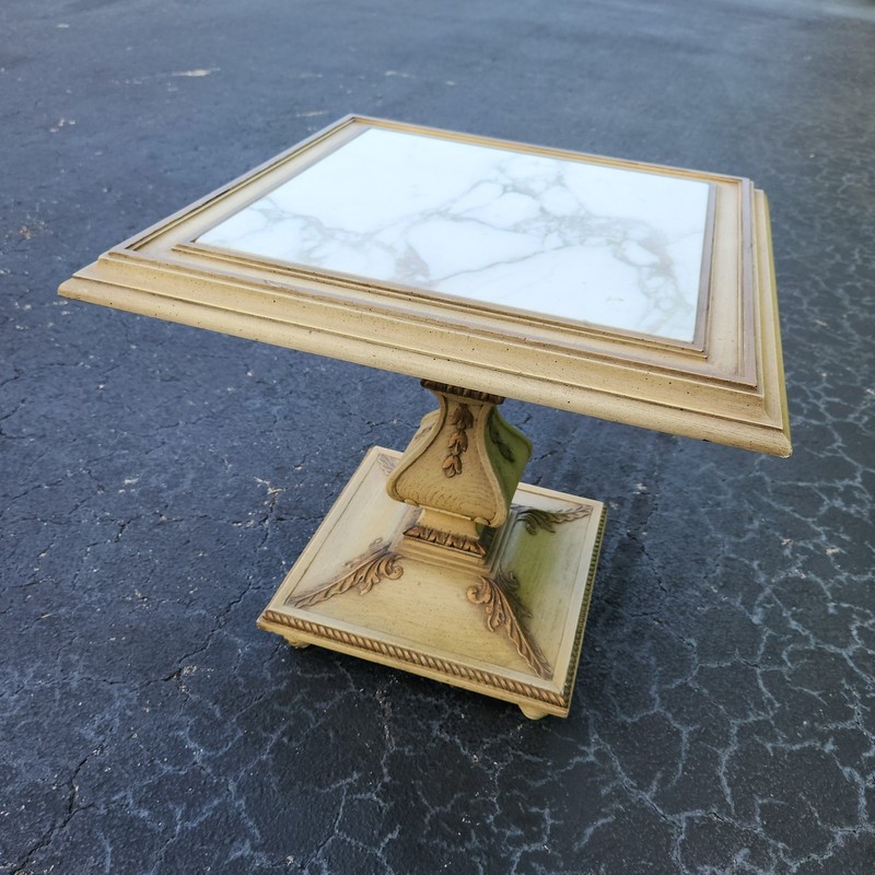VTG Provincial Style Side Table Carved Pedestal Wood Base with Square Marble Top