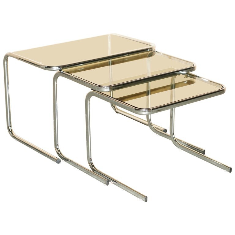 VINTAGE MID CENTURY MODERN MILO BAUGHMAN CHROME & SMOKED GLASS NEST OF TABLES