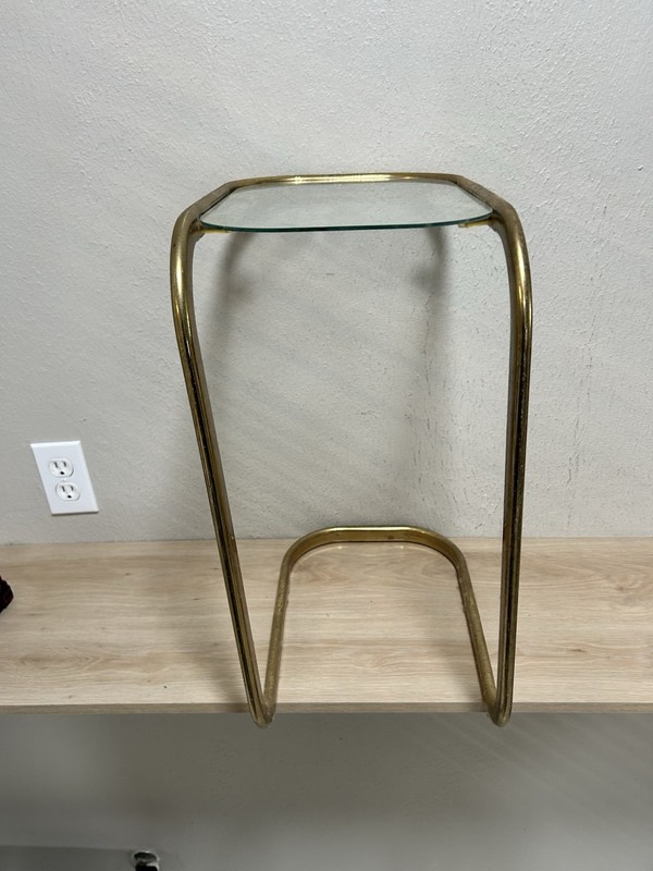Vintage MCM Milo Baughman Style Brass Tone Glass Top Cantilever Side Table gallery
