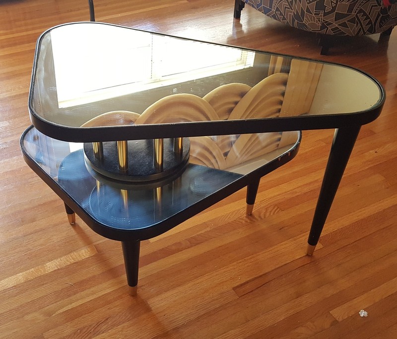 VINTAGE ANTARES TRIANGULAR EBONIZED LACQUERED MIRROR TOP SWIVEL SIDE TABLE gallery