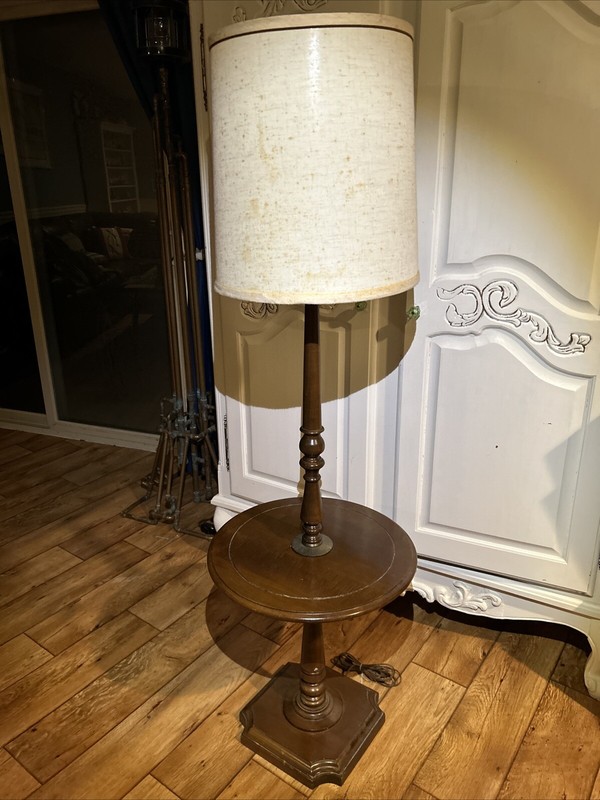 Lovely Vintage Mid Century Wood End Side Table Floor Lamp W/ Drum Shade RARE 60”