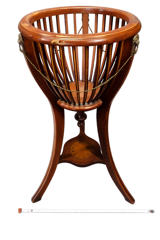 Antique Victorian Mahogany Jardiniere Stand Brass Lion Heads Inlaid tripod c1890 gallery
