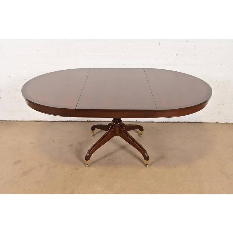 Baker Furniture Style Regency Banded Cherry Wood Pedestal Extension Dining Table