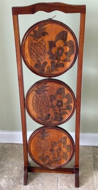 Antique Folding 3 Tier Walnut Wood Embossed Dessert/Cake/Pie/Plant Display Stand