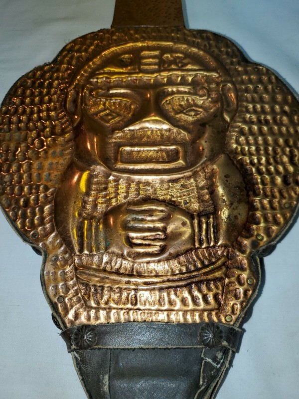 Vintage Copper AZTEC STATUTE FIREPLACE BELLOW Leather & Wood End RARE gallery