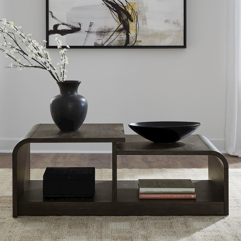 Living Room Cocktail Table Rounded Waterfall Edge Design - Espresso Oak Wood gallery