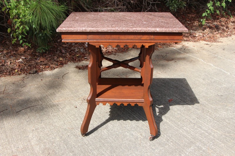 Walnut Victorian Marble Top Eastlake Parlor Table with Display Shelf ~ Ca.1880 gallery