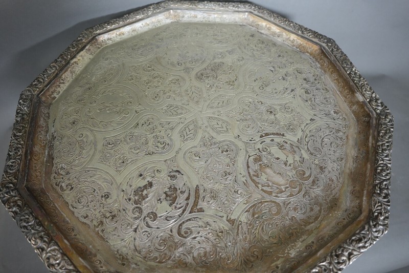 Antique Ornate Silver-Plated Octagonal Pedestal Tray Table –Hand-Engraved Etched gallery