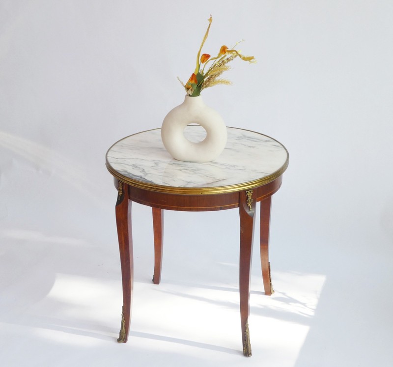 Antique French Round Coffee Table, Louis XV Style Side Table with Mable Top gallery
