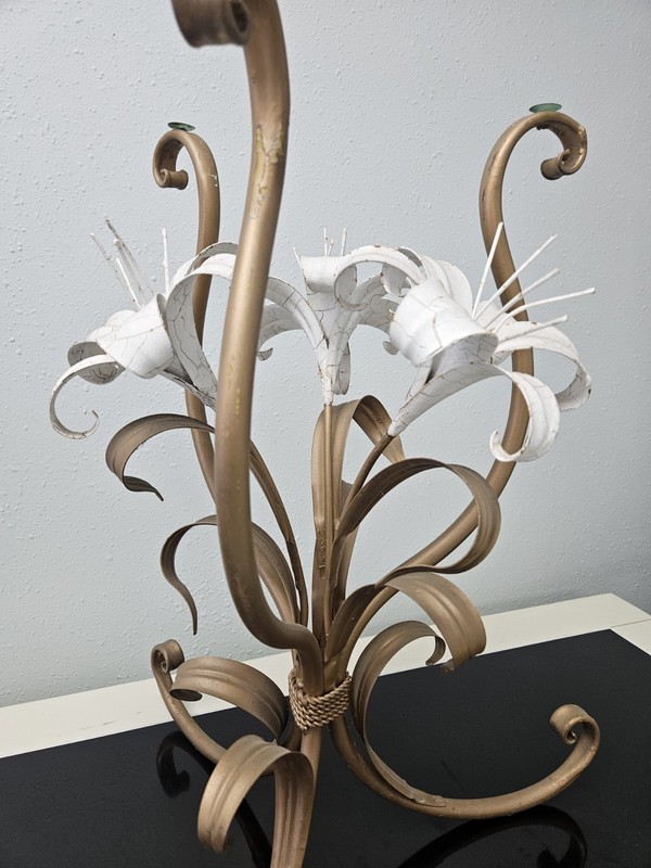 MCM Hollywood Regency Italian Gold Tole White Lilies Glass Top Cocktail Table gallery