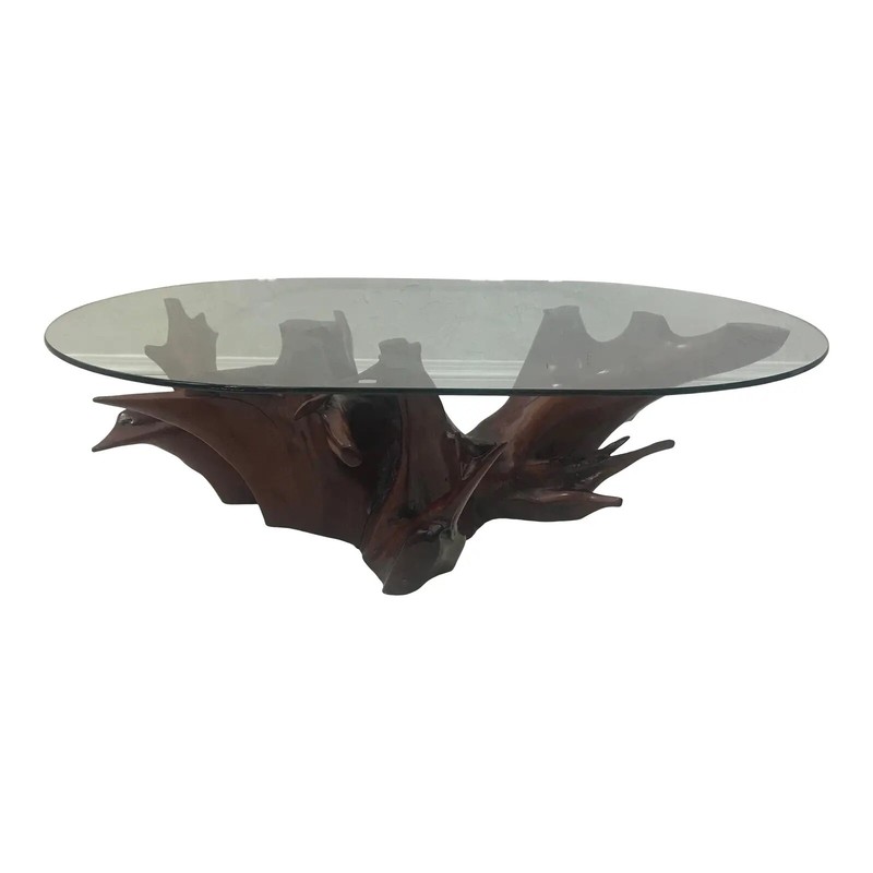Mid Century Spanish Walnut Root Glass Top Coffee Table