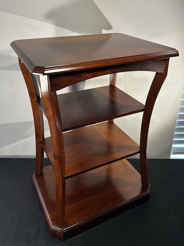 Late 20th C. 4-Tier Mahogany Side Table ~ Bookmatched Top ~ Bombay Co.