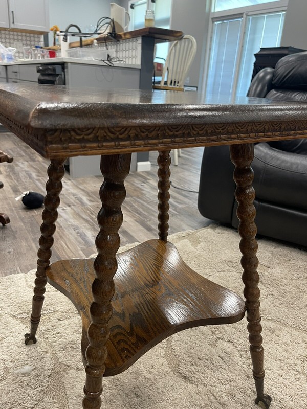 Antique tiger oak parlor side table W/brass and crystal ball feet Nice Condition gallery