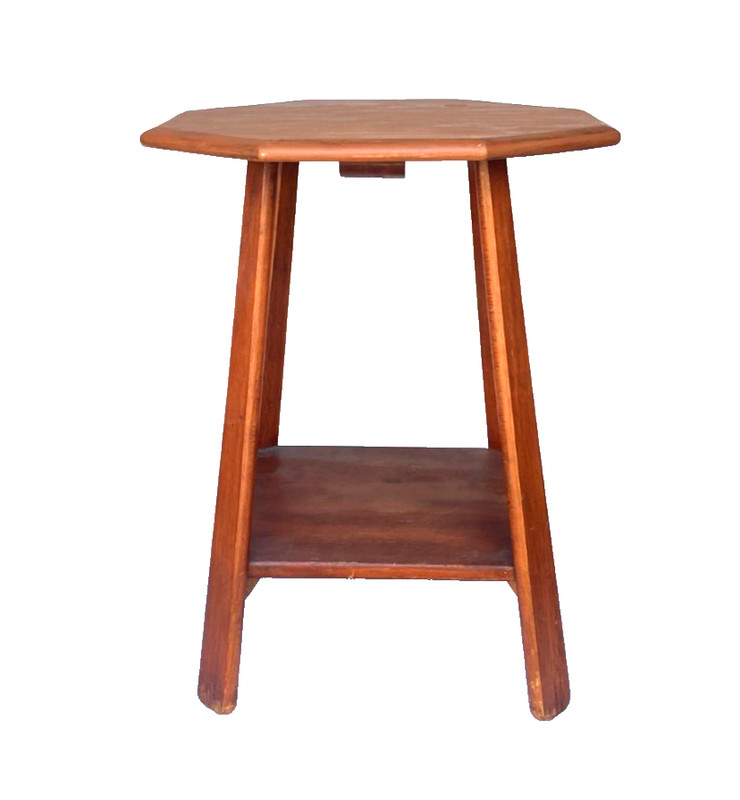 Antique Handmade Maple Finish Wood Octagonal Side Table with Shelf Vintage