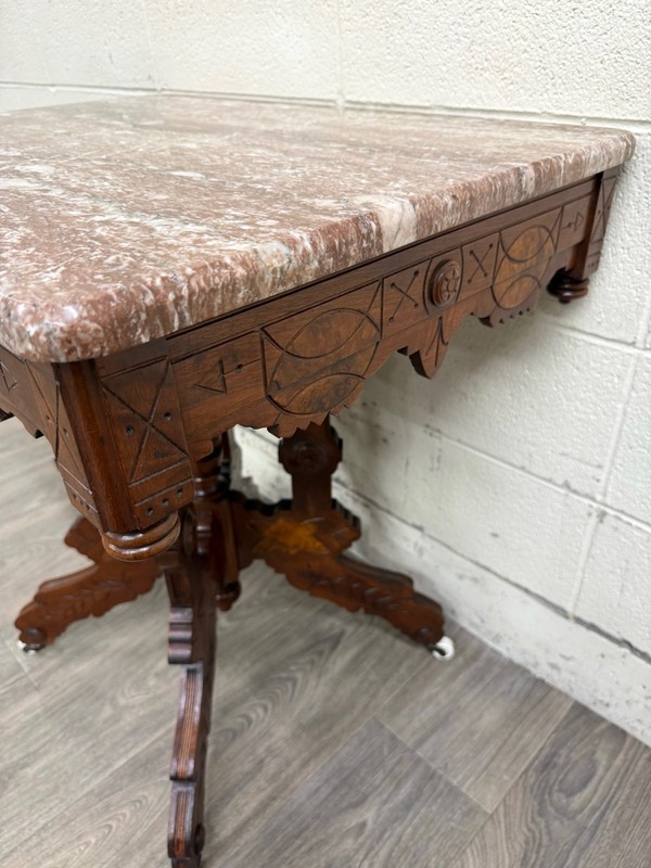 Antique Victorian Eastlake Marble Top Walnut Parlor Table gallery