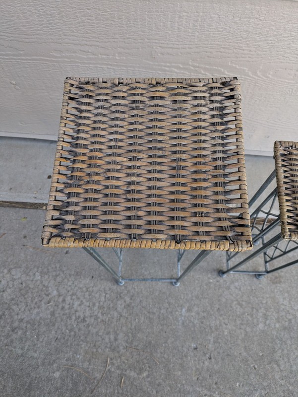 Vintage Set 2x Rustic Shabby Chic Wrought Iron Wicker Rattan Plant Stand Tables gallery