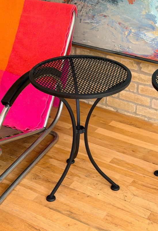 2 Salterini Tempestini Wrought Iron Outdoor Patio Tripod Side End Table Vtg Mcm gallery