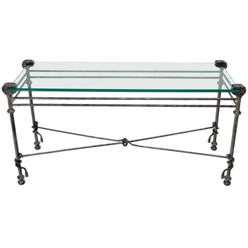 Hammered Forged Metal Wrought Iron Base 3/4″ Glass Top Console Table Giacometti