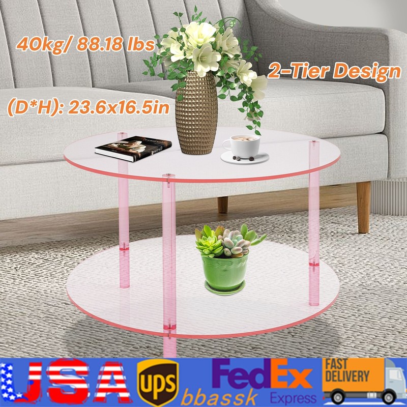 Modern Round Pink Acrylic Coffee Table, Modern Coffee Table, 2-tier Coffee Table