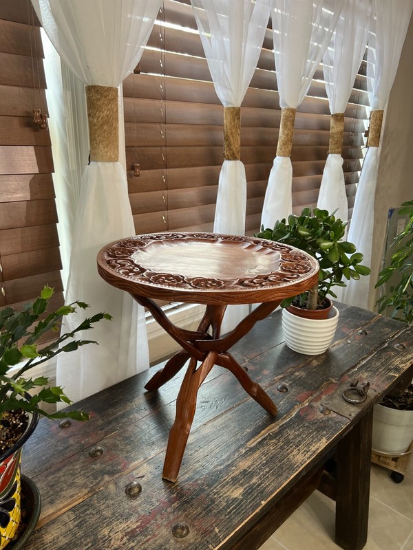 Vintage Wood Carved Side Table with Folding Legs gallery