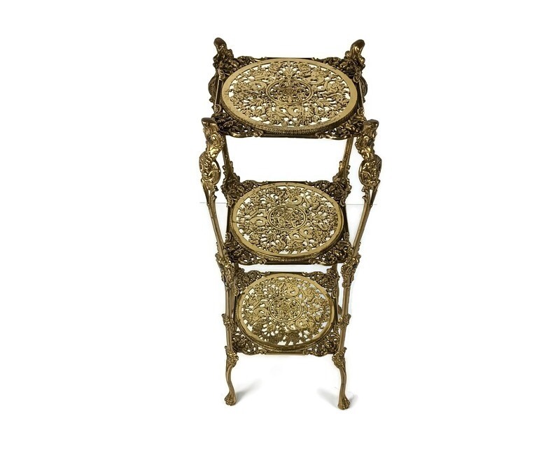 Ornate French Brass Pedestal Table Plant Stand 3 Tier Hollywood Regency style v