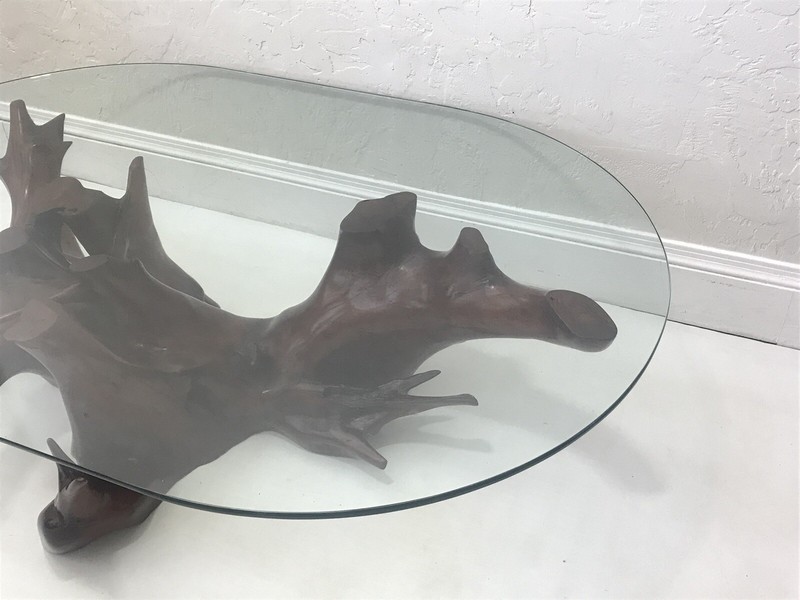 Mid Century Spanish Walnut Root Glass Top Coffee Table gallery