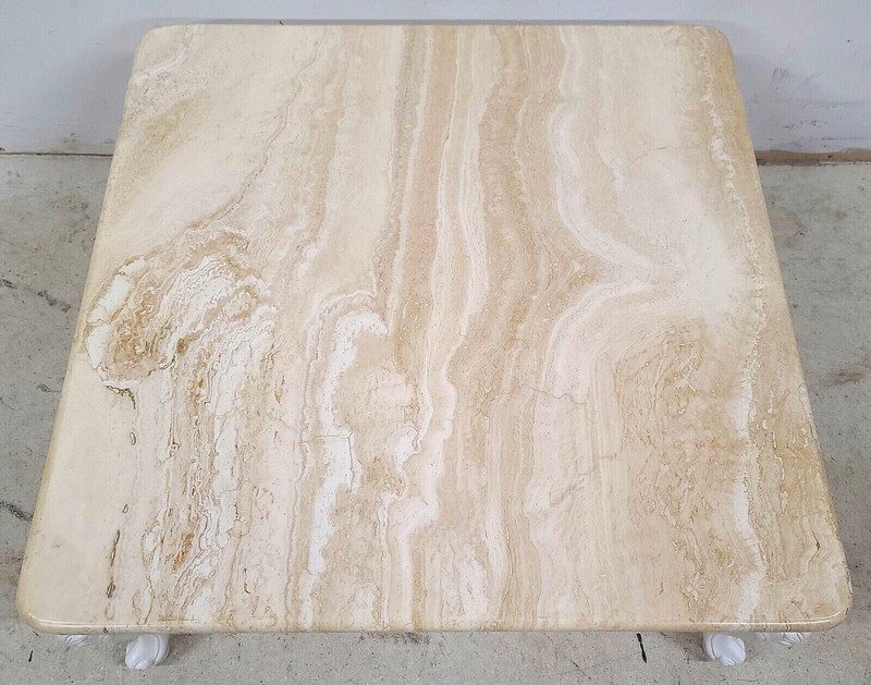 French Provincial Travertine Marble & Wood Cocktail Coffee Table gallery