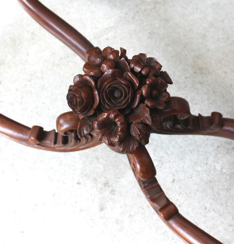 Antique Victorian Walnut Marble top Table – carved flowers in urn gallery
