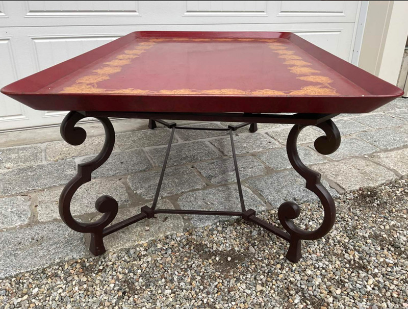 Hand Painted Red Tole Tray Top and Iron Base Coffee Table gallery