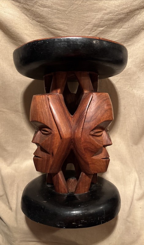 Vintage PLANT STAND / End Table-STOOL 1 Solid Wood Piece Hand Carved Faces Masks