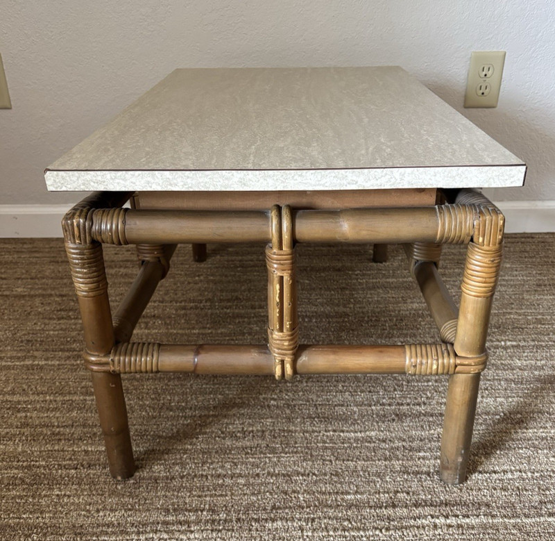 Vintage Mid Century Fisks Reed Style Bamboo Formica Top Side Table Boho Chic gallery