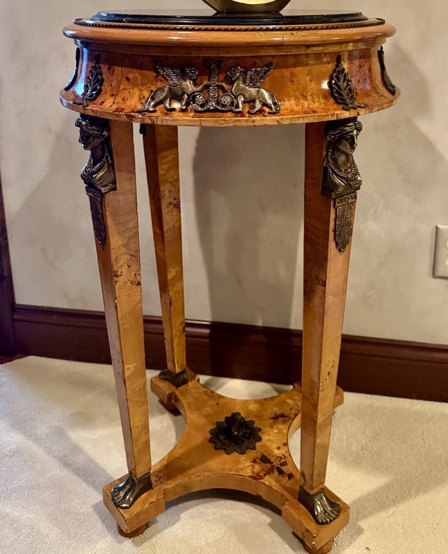 French Empire Style Burl Wood Side Table With Black Marble Top, Egyptian Ormolu