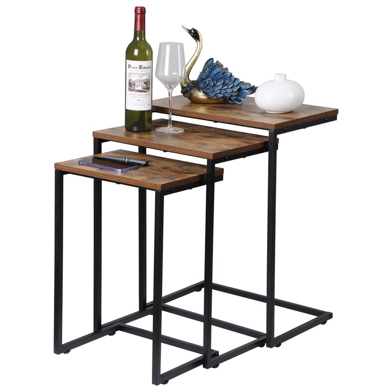 Nesting Table Set of 3 End Coffee Table for Living Room with Metal Frame Wooden
