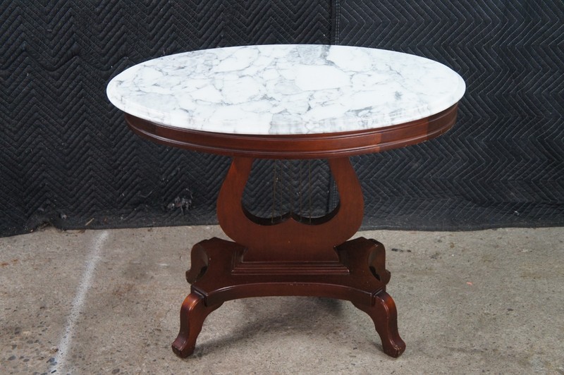2 Victorian Revival Cherry Marble Top Lyre Harp Hall Entry Parlor Console Tables gallery