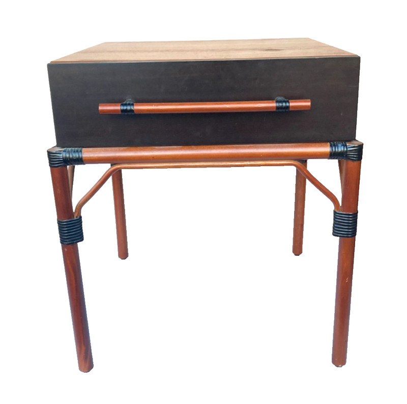 MCM Walnut Top Bamboo Rattan Legs Nightstand End Table Single Drawer Vintage