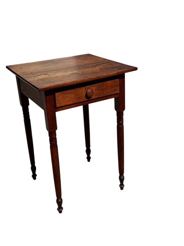 Antique tiger maple side table work stand 1 drawer sheraton 1820 gallery