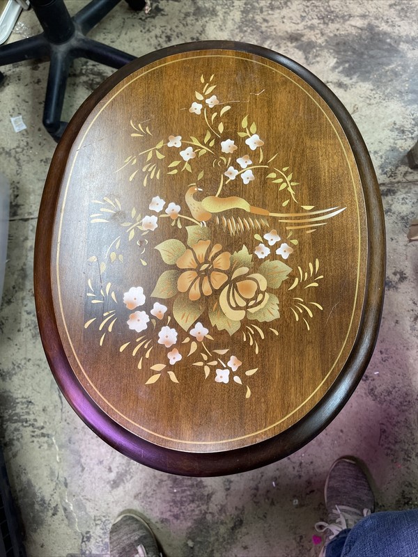 Vintage Oval Flip Top Table Stencil Bird Floral Pattern 24” Tall 15x20” Top gallery