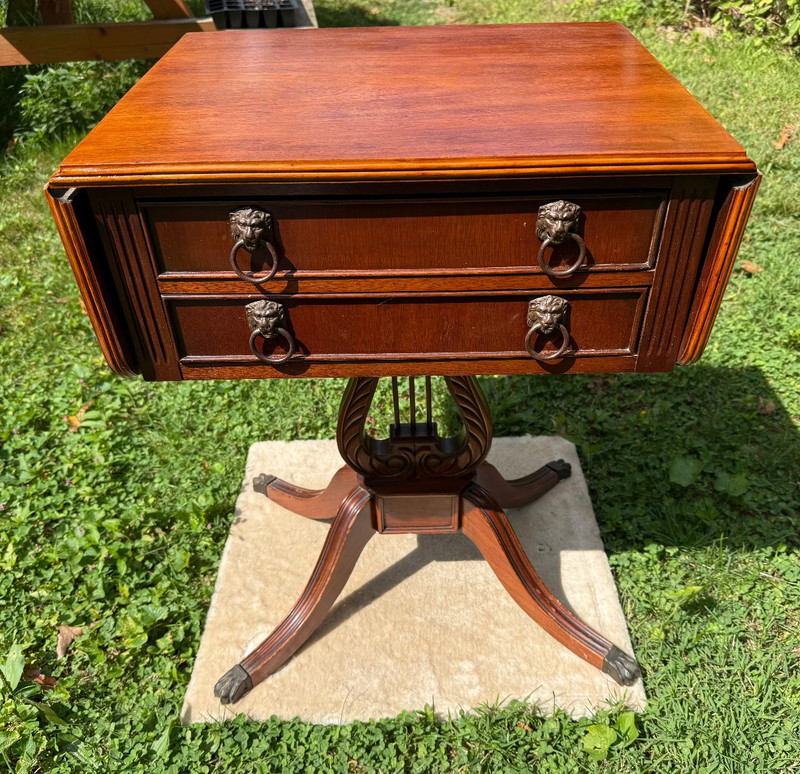 Antique Mahogany Drop Leaf Lyre Table with Drawers & Brass Lion Head Pulls