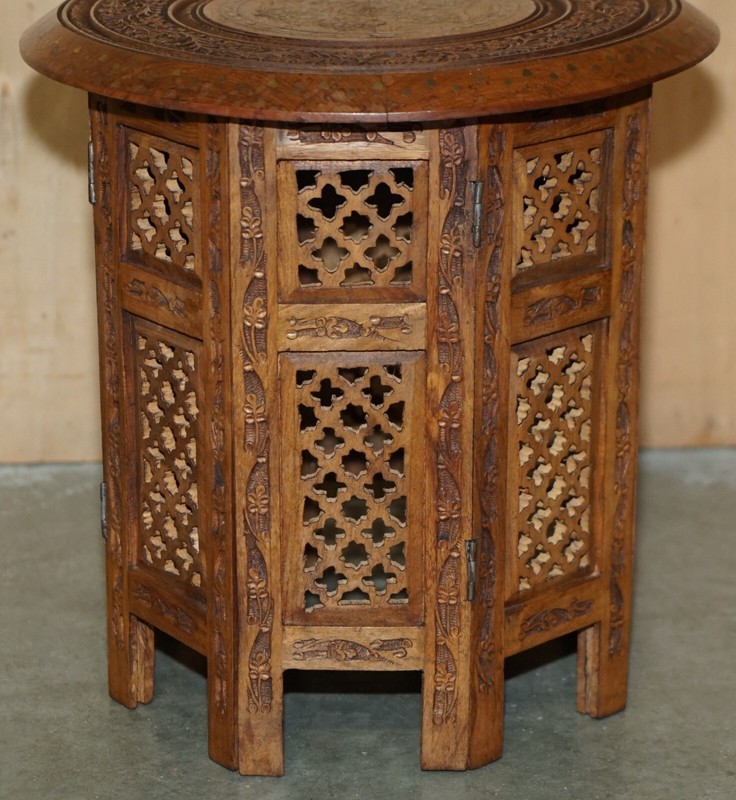 FINE ANTIQUE LIBERTY VICTORIAN CIR 1880 INLAID SYRIAN HAND CARVED FOLDING TABLE gallery
